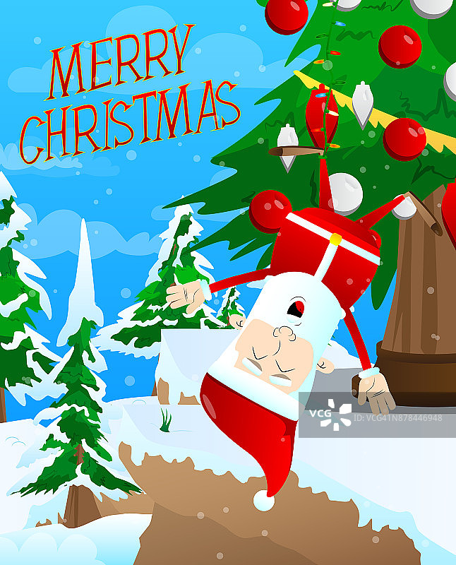 圣诞老人倒挂在圣诞树上。矢量卡通人物插图。图片素材