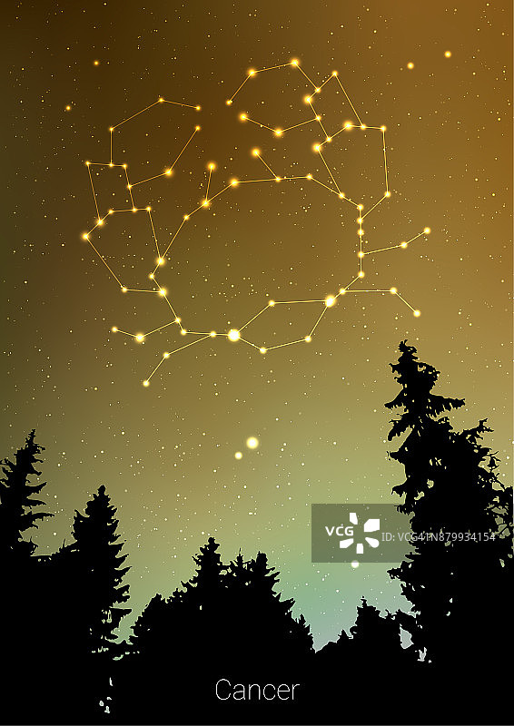 星座星座与森林景观剪影在美丽的星空与银河和后面的空间。巨蟹座星座符号星座在深宇宙背景上。名片设计图片素材