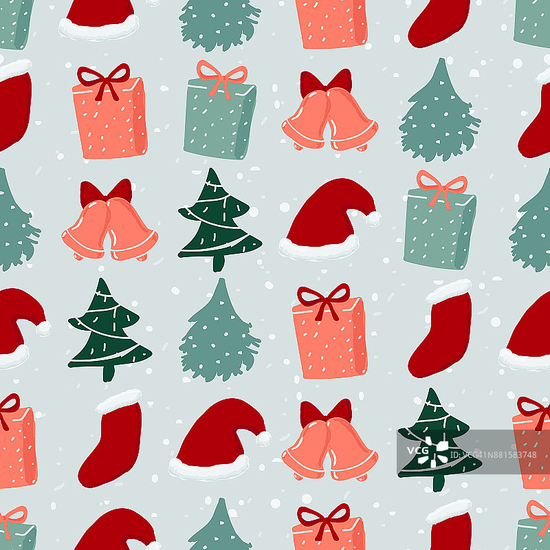 无缝图案的圣诞树，礼物和圣诞老人的帽子图片素材