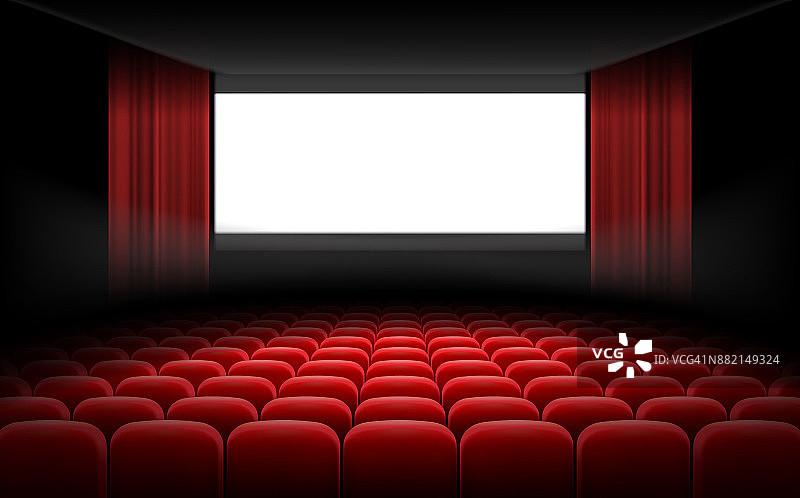 白色电影院的屏幕，红色的窗帘和椅子图片素材