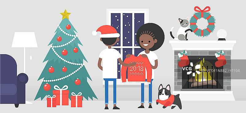 圣诞快乐。一对年轻的黑人角色在庆祝圣诞节。装修过的客房内有一座壁炉。宠物。舒适的内部。平面可编辑矢量插图，剪辑艺术图片素材