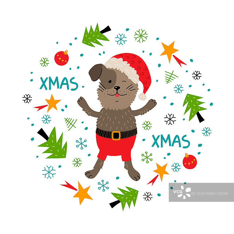 圣诞狗，贺卡独特手绘风格，圣诞小狗，动物。可爱有趣的卡通圣诞狗，雪花，装饰品，树，星星。矢量节日卡，白色背景图片素材