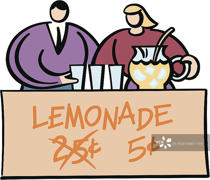 女商人和男人经营柠檬水摊位，25美分，5美分，颜色，分组元素图片素材