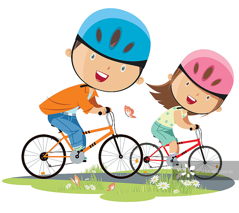 女孩和男孩骑自行车图片素材