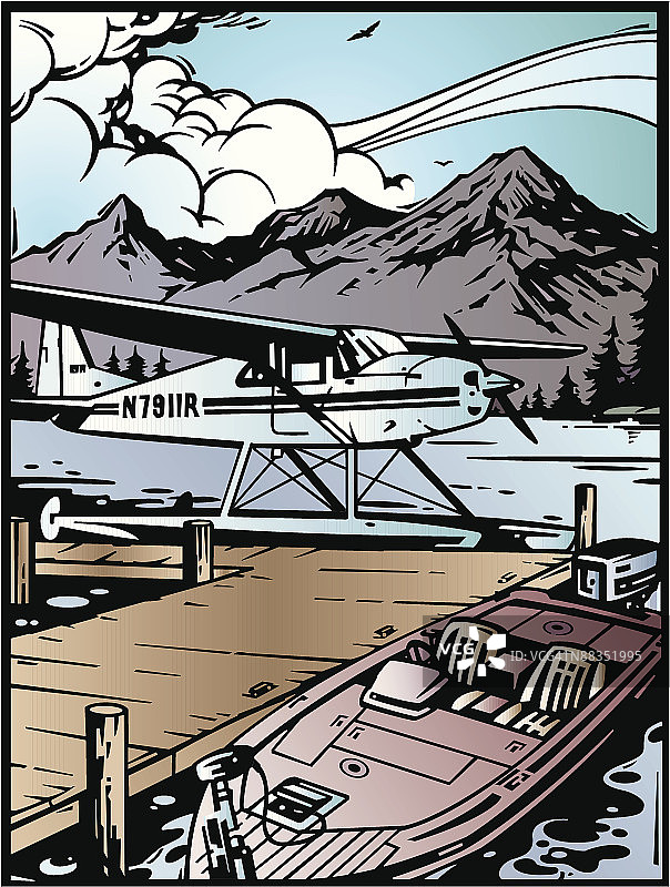 水上飞机和船停泊在一个山湖的码头上，彩色图片素材