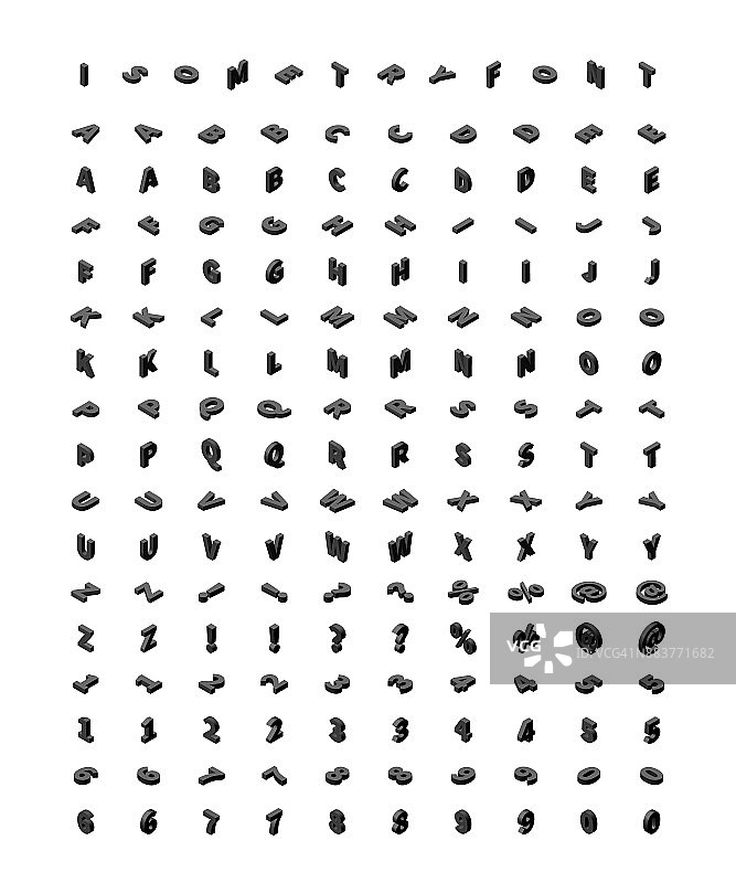 大组黑色等距3d字母在4个不同的观点孤立在白色图片素材