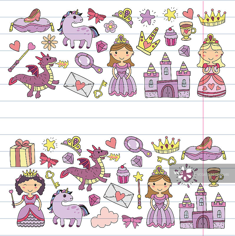 一套涂鸦公主和幻想图标和设计元素的邀请和贺卡。孩子们画的。幼儿园、学前班、学校模式图片素材