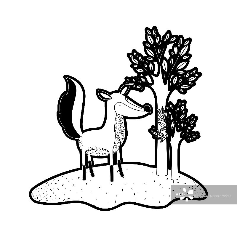 卡通狐狸在森林里的树木旁边都有黑色的剪影，有着厚实的轮廓图片素材