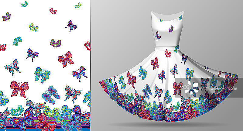 垂直无缝模式与手绘蝴蝶的服装模型。向量图片素材