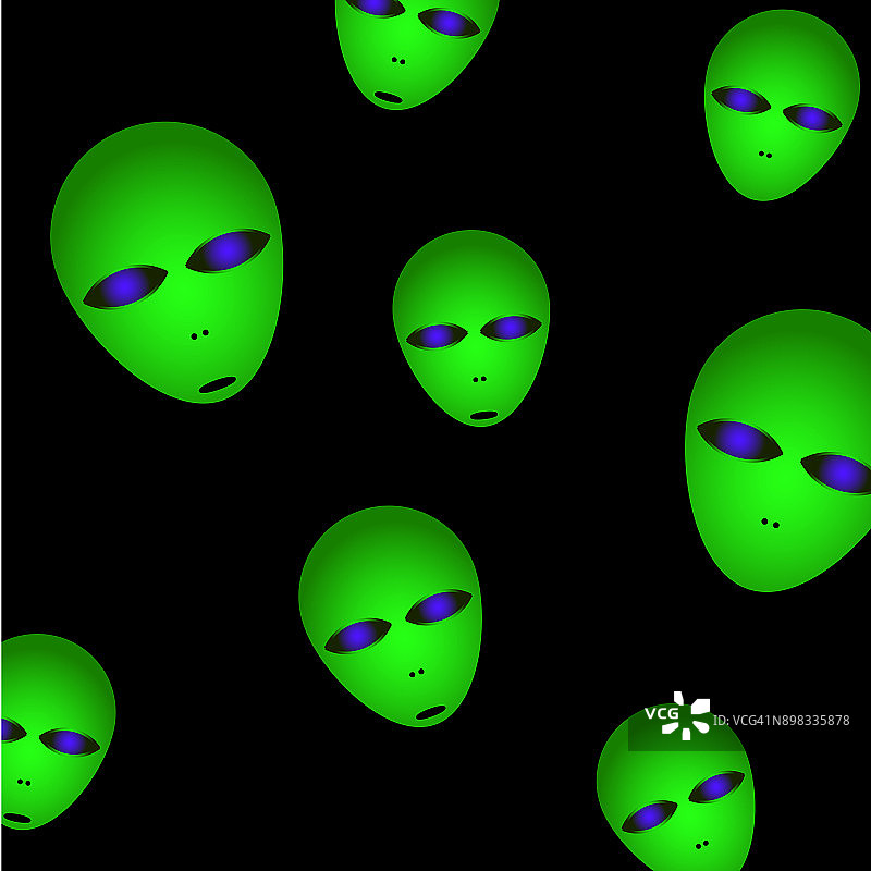 空间图。外星人的头是绿色的，有一双明亮的大眼睛，背景是黑色的。矢量插图。图片素材