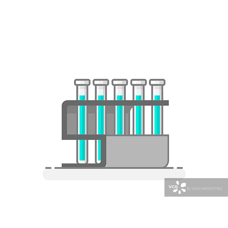 有试管和化学液体的科学架。实验室玻璃器皿图标8。平面设计理念。矢量插图。图片素材