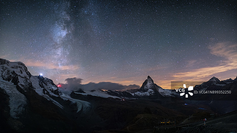瑞士策马特的马特洪山和银河全景图图片素材