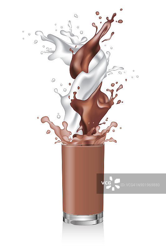 一杯咖啡，可可，牛奶，奶昔。热巧克力与牛奶旋转倒和溅在同一个杯子。向量。图片素材