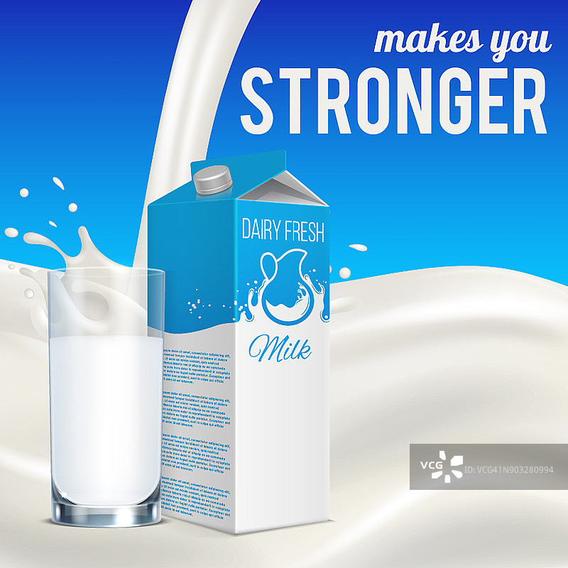 牛奶广告的概念。现实的牛奶盒与杯子在蓝色背景与激励文本图片素材