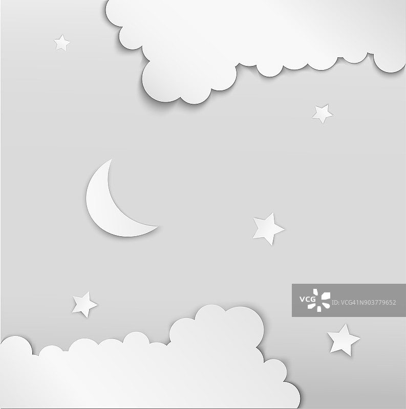 白色的夜晚，纸月亮和星星之间的白云，白色的装饰，图片素材