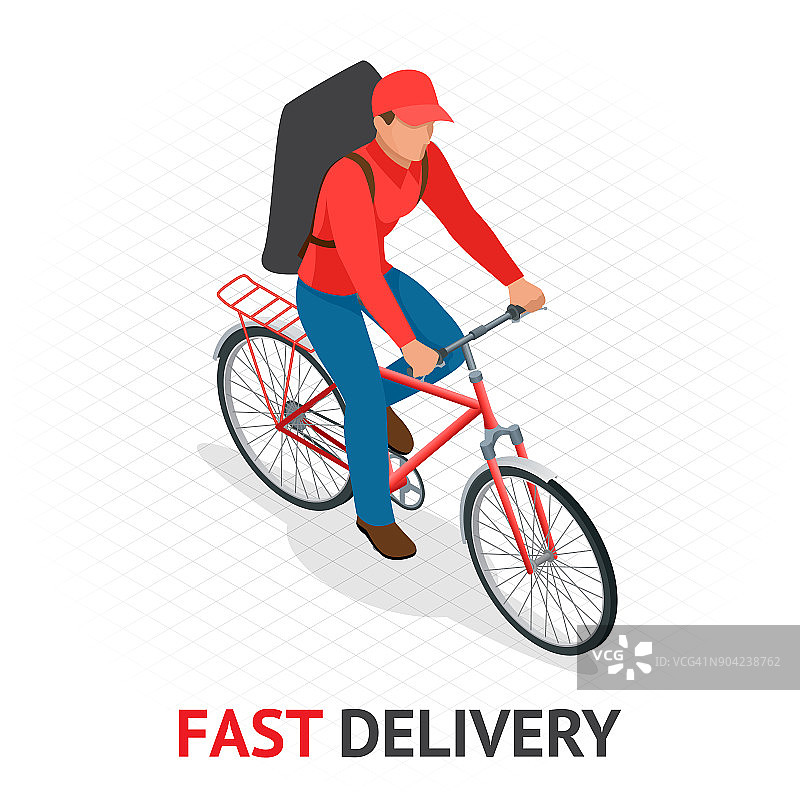 异构快速交付概念。身穿红色制服的快递员或骑车人骑着自行车穿过城市街道，将热腾腾的食物从餐馆送到各家图片素材