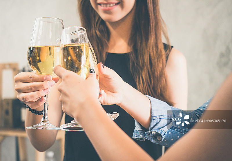 一群妇女庆祝在一个聚会，碰杯葡萄酒，啤酒，烈酒，烈酒，酒与快乐和放松的感觉，派对和庆祝概念复古的基调图片素材
