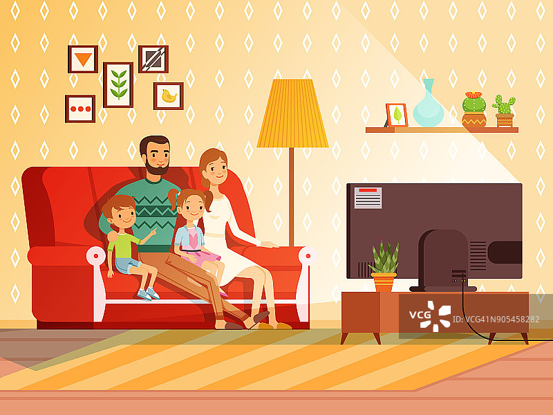 现代家庭生活方式。妈妈，爸爸和孩子们在看电视图片素材