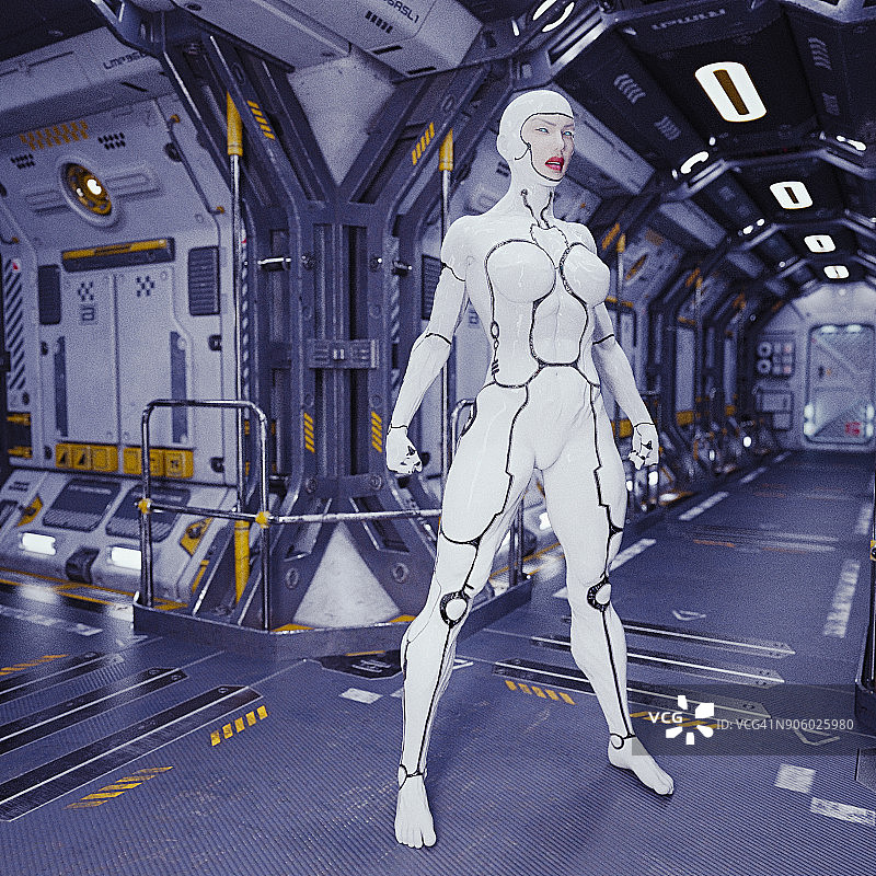 宇宙飞船上凶猛的女性半机械人图片素材