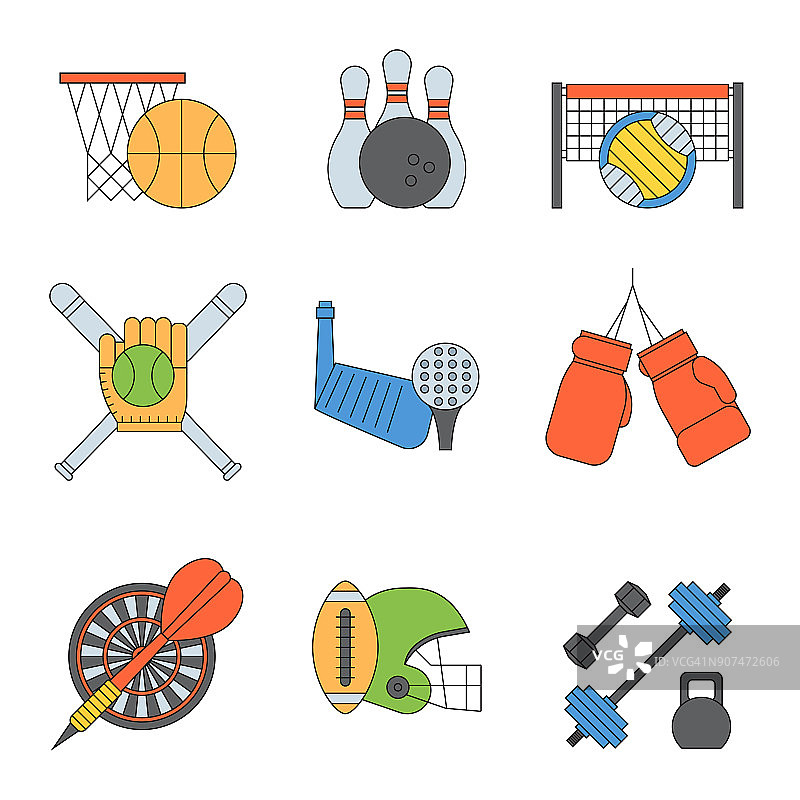 一套运动矢量图标在平面设计线象形图健身运动员符号游戏奖杯比赛哑铃活动插图。篮球，足球，曲棍球，高尔夫图片素材
