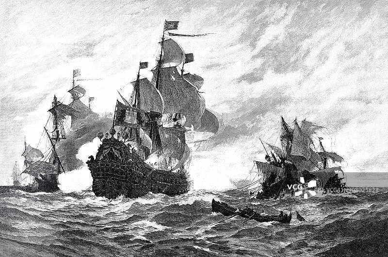 1678年的海战中，汉堡的一艘帆船摧毁了5艘法国船只图片素材