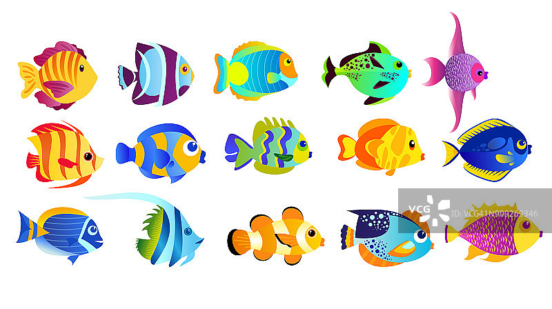 矢量插图一套明亮的颜色热带鱼孤立在白色背景在平面卡通风格。图片素材