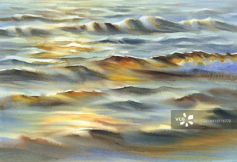 阳光明媚的大海倒影水彩背景图片素材