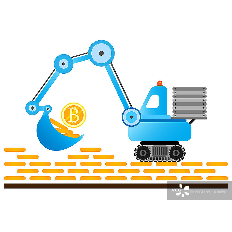 Cryptocurrency概念。提取硬币的过程。蓝色的挖掘机与硬币在白色的背景。图片素材