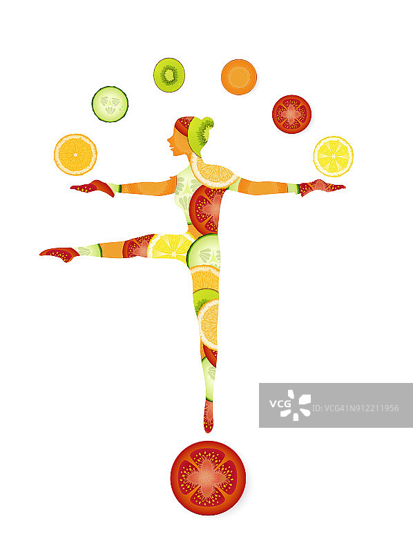 健康食品理念，用蔬菜和水果平衡和搭配创造出苗条女孩的轮廓，健康食品理念图片素材