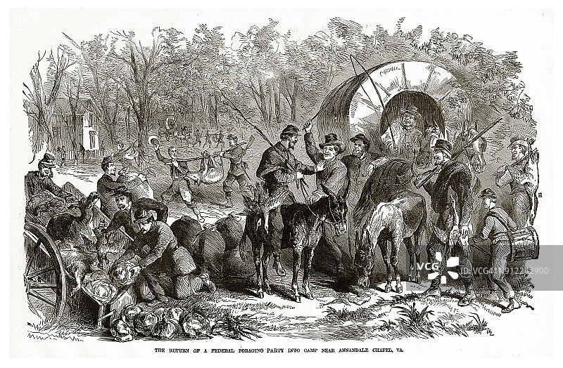 联邦觅食队返回到安嫩代尔教堂附近的营地，弗吉尼亚内战雕刻图片素材