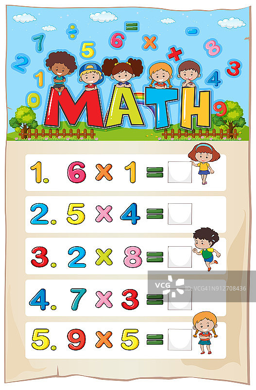 数学工作表模板与孩子和乘法问题图片素材