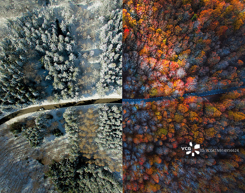 对比照片从无人机拍摄的半秋半冬景观。图片素材