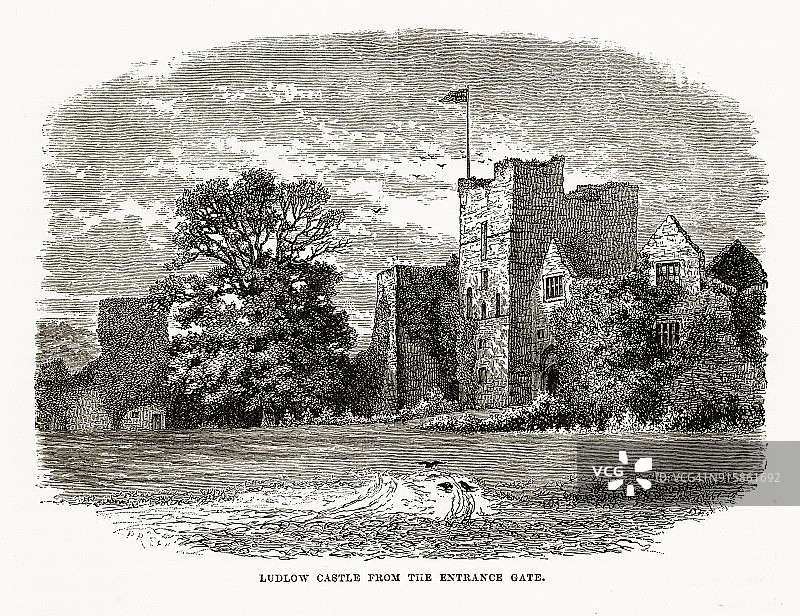 勒德洛，英格兰，勒德洛城堡的入口，维多利亚时代的版画，大约1840年图片素材