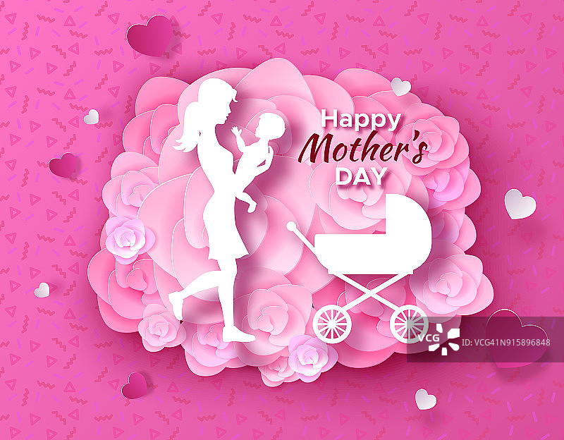 母亲节折纸艺术贺卡时尚风格与框架，图案，鲜花，妇女抱着婴儿儿子剪影。彩色雕刻矢量插图图片素材