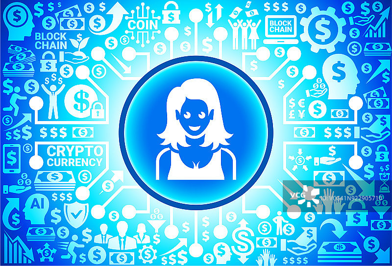 货币和加密货币背景上的女性面部肖像图标图片素材