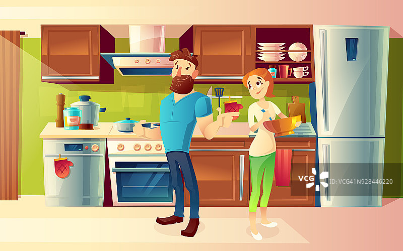 向量卡通幸福夫妇在现代厨房图片素材