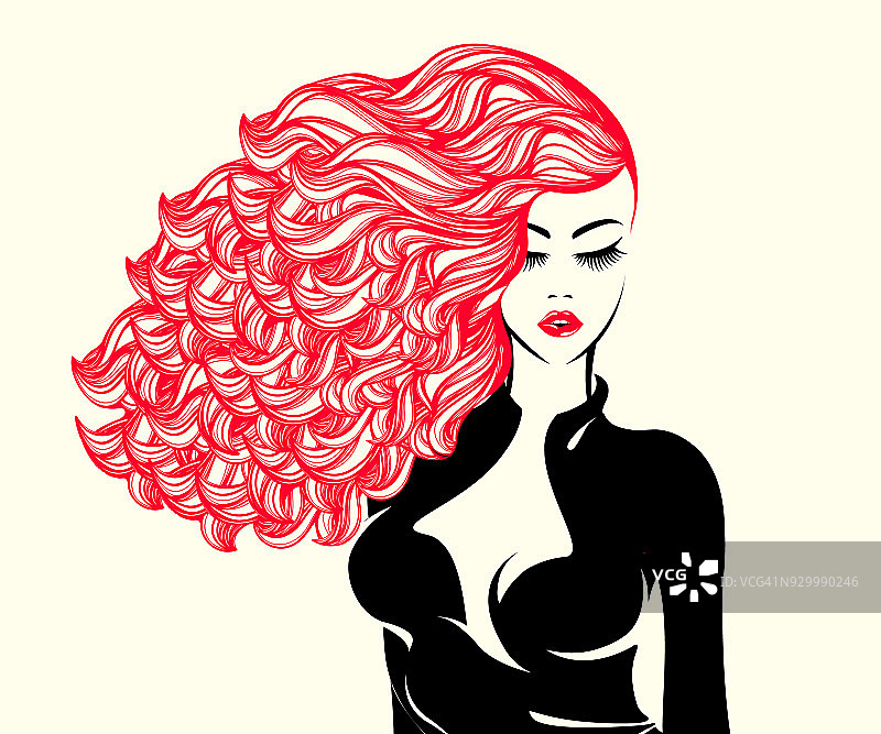 红色大卷头发、大胆妆容的时尚女性。风格和美丽向量图标。图片素材