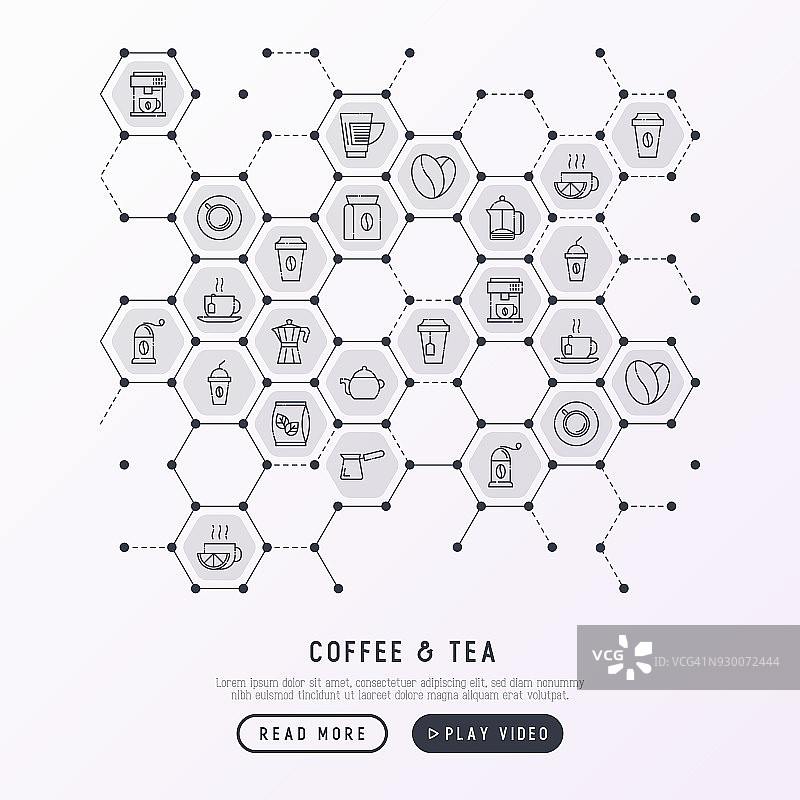 咖啡和茶的概念在蜂巢与细线图标:拿走纸杯，cezve，咖啡机，茶壶，卡布奇诺，杯，茶与柠檬，研磨机。现代向量插图。图片素材