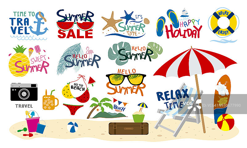 夏季海滩旅游热带和假日设计在白色背景矢量插图图片素材