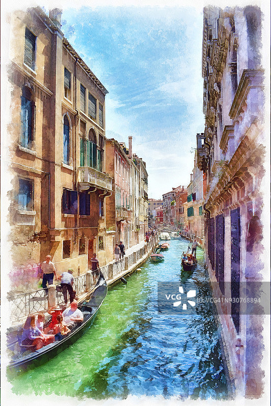 风景如画的威尼斯运河与贡多拉，水彩画图片素材