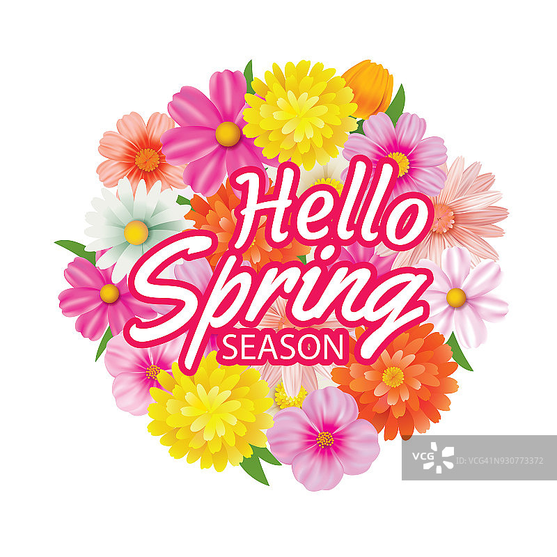 你好春天圆框贺卡和鲜花装饰。图片素材