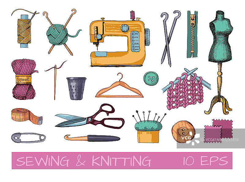 缝纫和编织工具和材料的草图图片素材