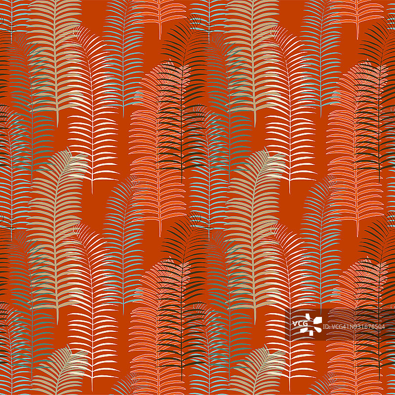 无缝模式背景与棕榈热带树叶在橙色的背景图片素材