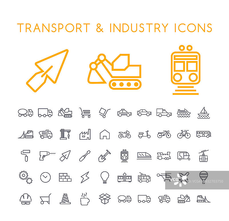 50个最小细线工业和交通图标在白色背景。孤立的向量元素图片素材
