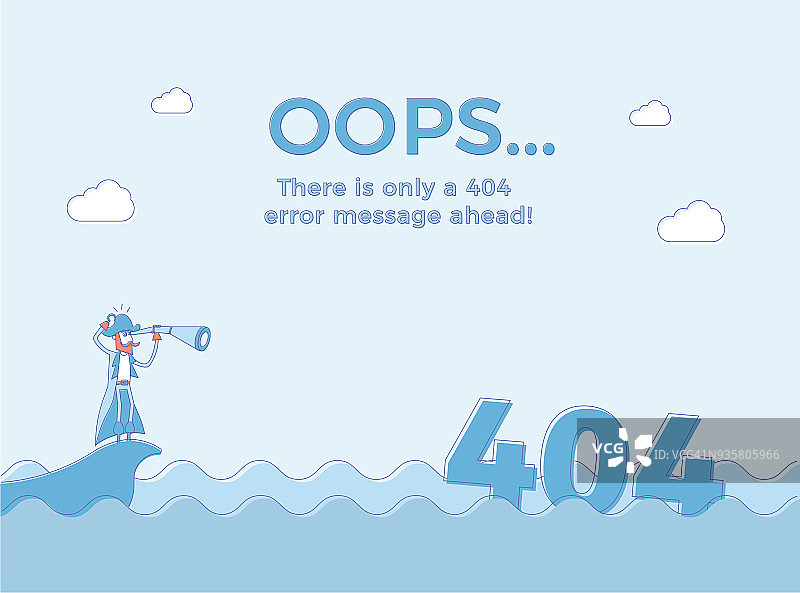 平面线概念页未找到404错误。矢量插图背景与海盗航行在海上，刚刚发现404错误信息与他的望远镜。图片素材