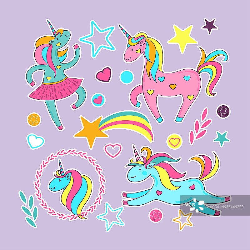 一套贴纸-可爱的卡通独角兽，星星，心，圆，植物，彩虹。矢量插图手绘图片素材
