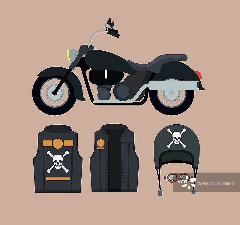 经典的摩托车与夹克和头盔的象征头骨和骨头在小麦色的背景图片素材