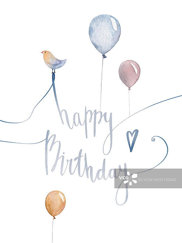 一张生日卡，上面有手写字母，水彩气球和一只小鸟。手写贺卡孤立在白色背景。图片素材