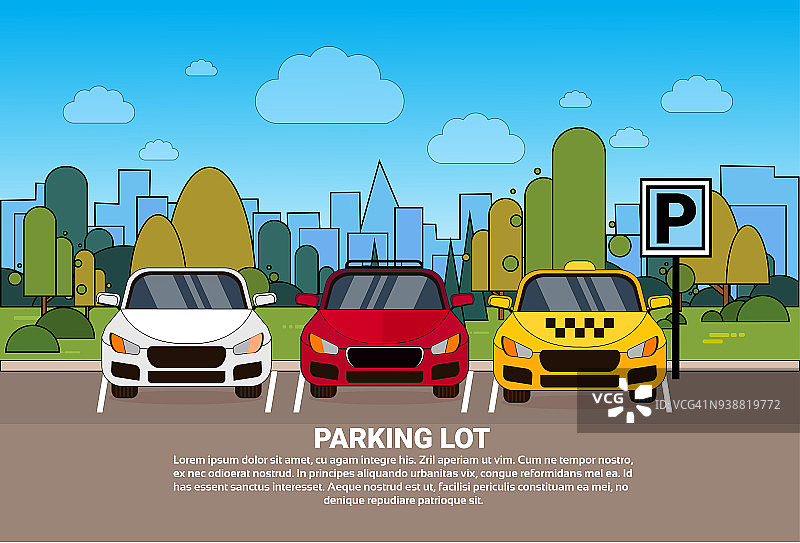 停车场景观与不同的汽车和出租车在剪影城市背景图片素材