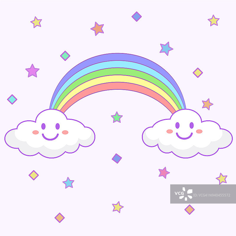 可爱的云和彩虹图标在白色的背景。五颜六色的设计。矢量图图片素材